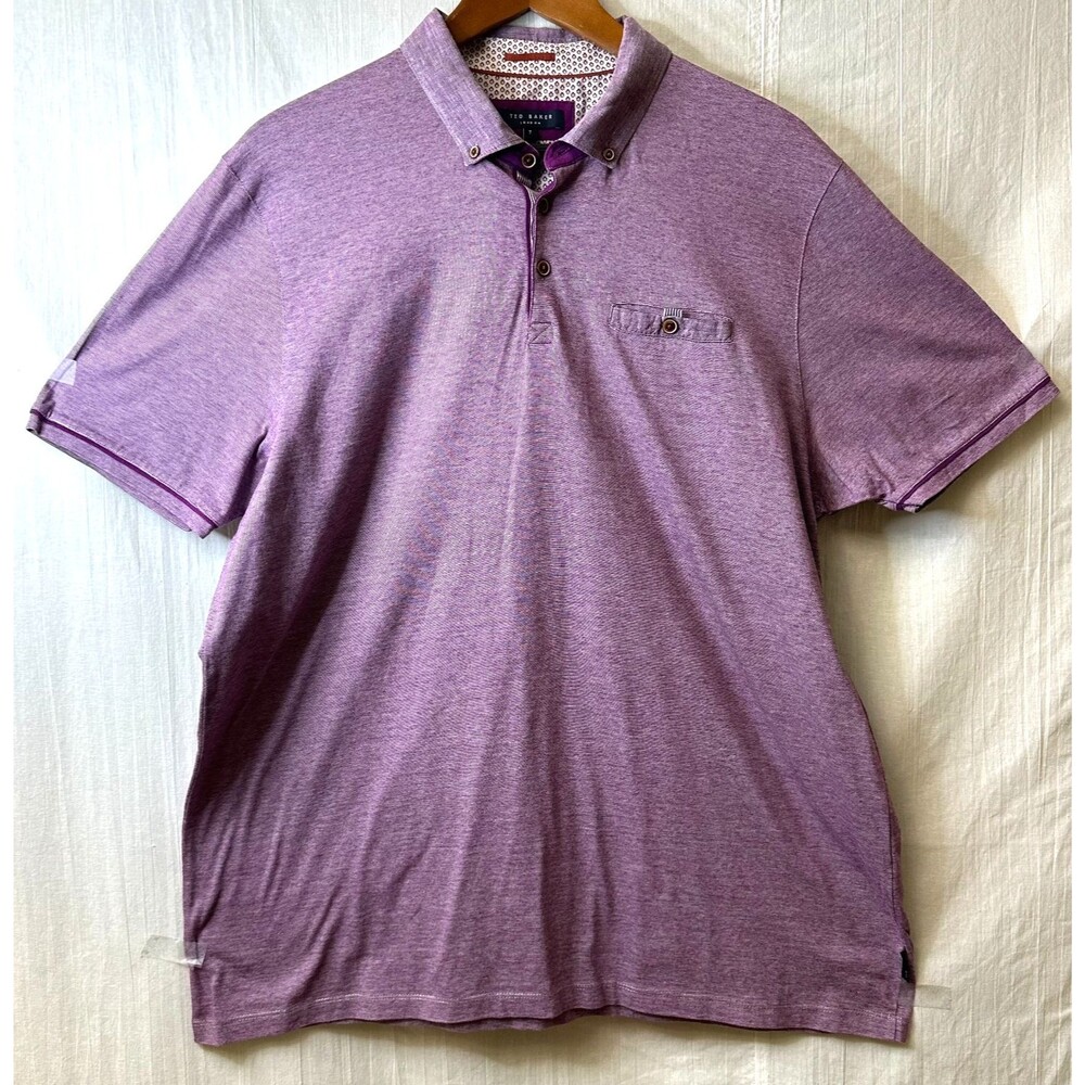 Ted Baker London Men Purple Cotton Button Collar Pocket Polo Shirt Sz 7 (XXL)